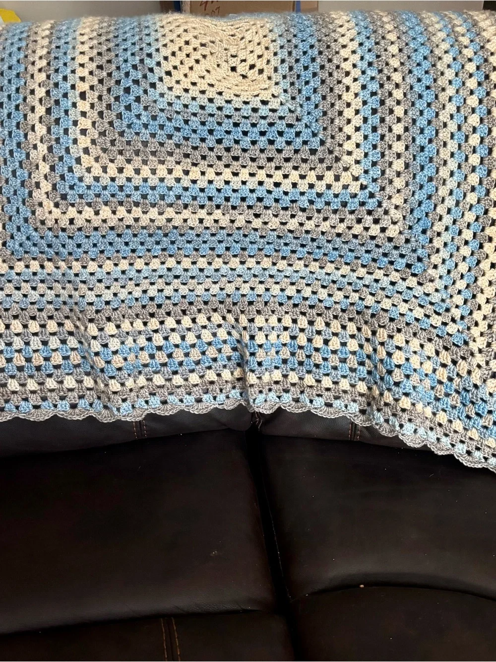 Handmade Blue, Gray & Cream Crochet Throw Blanket